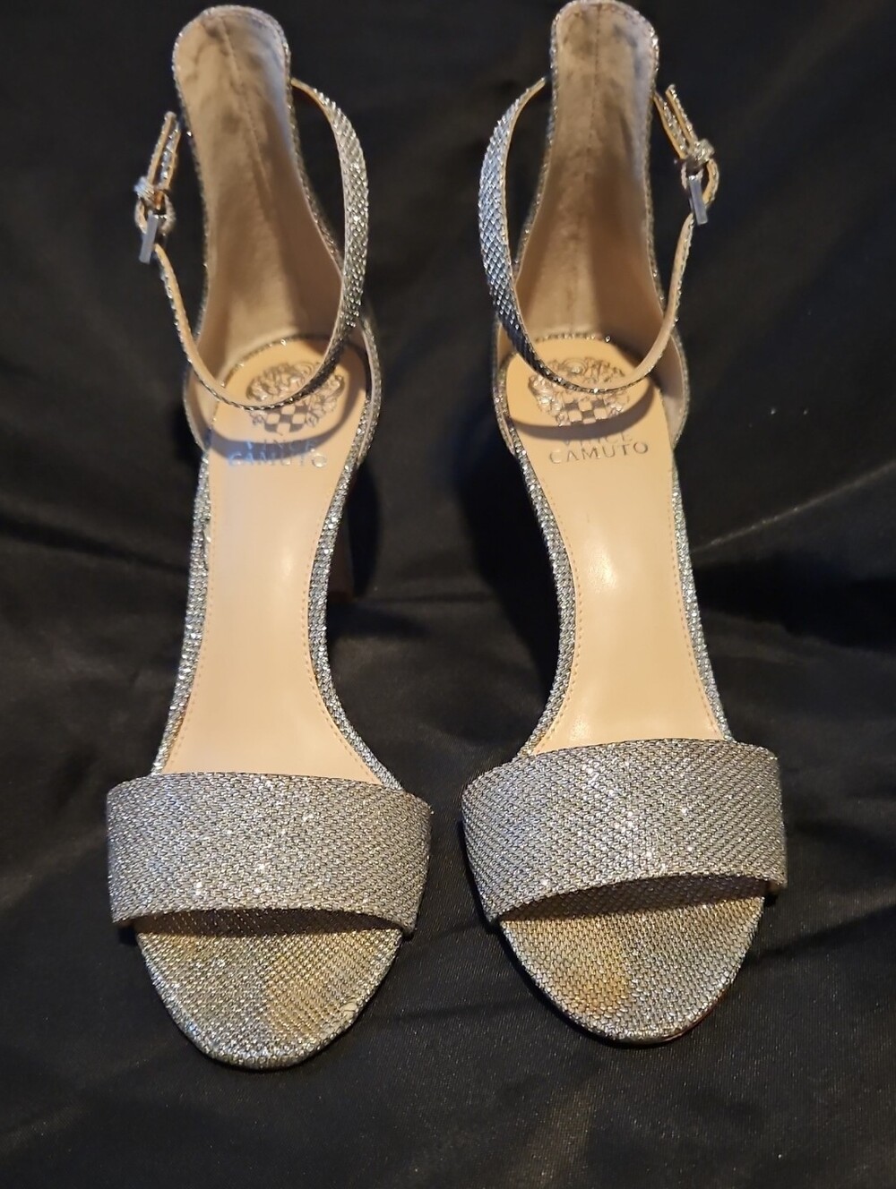 Vince Camuto Metallic Silver Glitter Ankle-Strap Heels